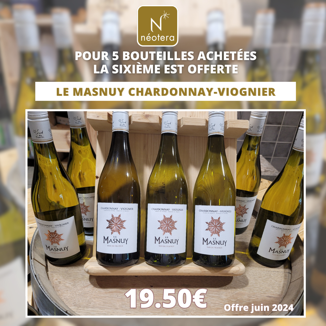 Le Vin du Mois : du 1er juin au 30 juin 2024 Masnuy Blanc PROMOTION Pour 5 bouteilles achetées, la sixième est offerte, Soit les 6 bouteilles à 19.50 € Bi-cépage : Chardonnay – Viognier